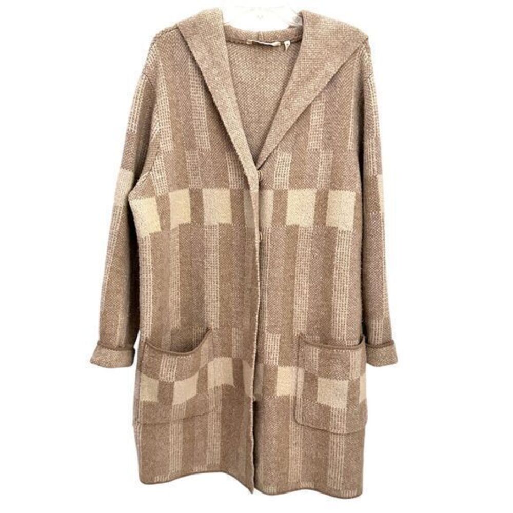 Soft Surroundings Beige Cream Plaid‎ Hooded Wool Blend Snap Cardigan Size XL